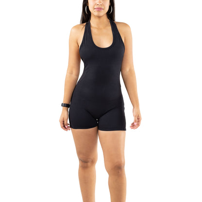 Black Racer Back Body Suit Shorts (Front View)