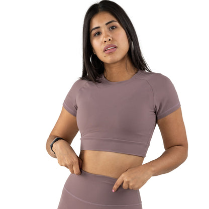 Mauve Short Sleeve Crop Top Wide Waist Band (Front View)